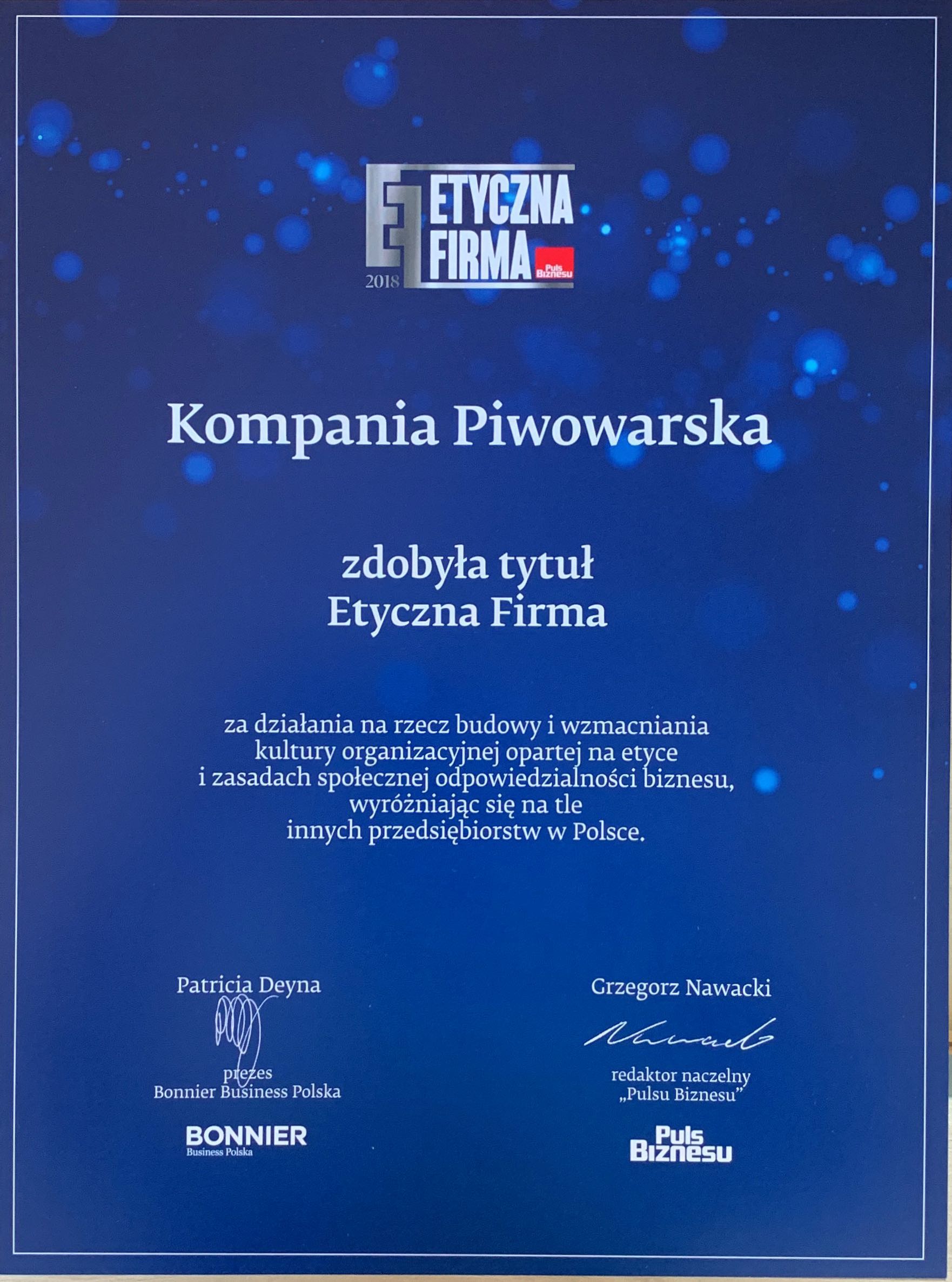 Kompania Piwowarska wśród laureatów konkursu Etyczna Firma 2018