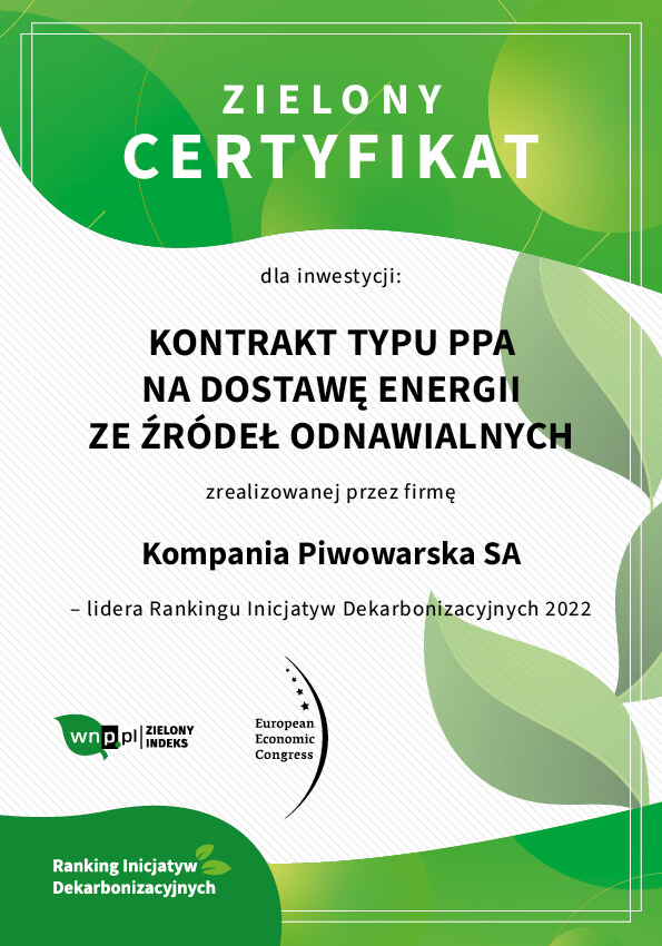 Kompania Piwowarska wyróżniona w Rankingu Inwestycji Dekarbonizacyjnych